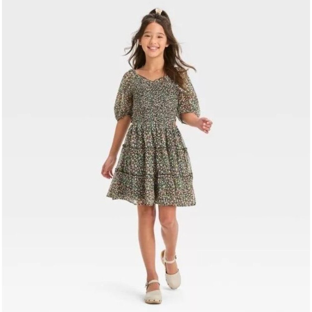 NEW Art Class Girls Smocked Bodice Cut Out Chiffon Dress Black Floral Size Small